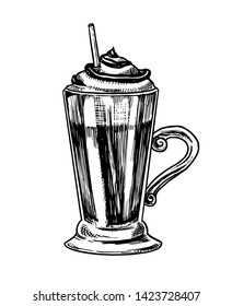 Cup of coffee in vintage style.  Mocha in a glass. Hand drawn engraved retro sketch. Template for logo or label.