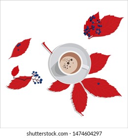
Cup of coffee warm autumn memories peace leaves wild grape berries vector art