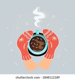 Cup of coffee in warm hands in mittens. Top view. Conceptual winter composition.
For greeting cards, flyers, labels. Vector decorative flat design.
