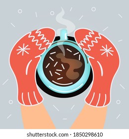 Cup of coffee in warm hands in mittens. Top view. Conceptual winter composition.
For greeting cards, flyers, labels. Vector decorative flat design.