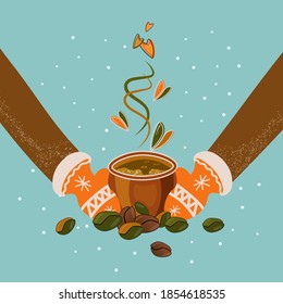 Cup of coffee in warm hands in mittens. 
Conceptual winter composition with coffee beans and hearts. For greeting cards, flyers, labels. Vector decorative flat design on blue background.