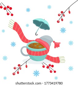Cup of coffee in a warm hat and scarf.
Autumn-winter decorative composition. 
Coffee with snowflakes. 
Vector isolated.