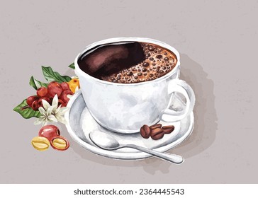 A cup of coffee Watercolor hand-drawn in a white porcelain cup. Design elements for cookbooks, menus, patterns, cards, etc