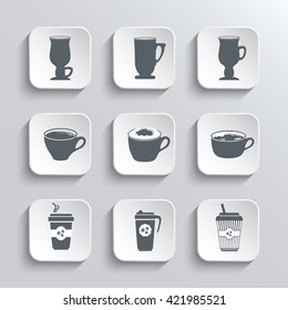 Cup of coffee web icons set in black and white. Vector white app buttons design element with shadow. 