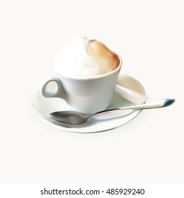 cup of coffee with whipped cream, cappuccino, vector isolated, spoon, saucer