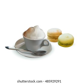 cup of coffee with whipped cream, cappuccino, vector isolated, spoon, saucer