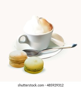 cup of coffee with whipped cream, cappuccino, vector isolated, spoon, saucer