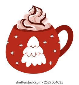 Cup of coffee with whipped cream and chocolate. Mug with hot beverage and decoration for wintertime season holidays. Autumn and winter hot drink. Vector illustration isolated on white background.