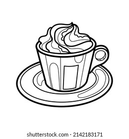 A cup of coffee. Whipped cream. Dessert. Coloring. Black and white vector illustration.