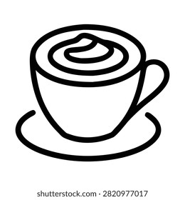 Cup of coffee with whipped cream or latte art on saucer, outline vector icon, doodle illustration.