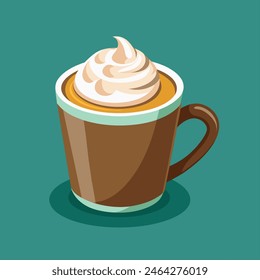A cup of coffee with whipped cream on top placed on a green background
