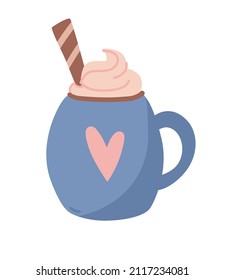 Cup of coffee with whipped cream. Vector illustration in a flat style.