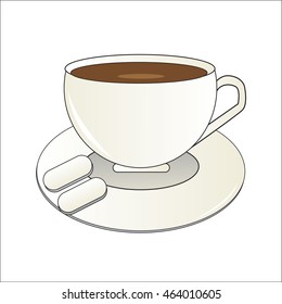 A cup of coffee. White mug and saucer. Two pills on a plate. Brown drink. Round dishes. Black outline. White background.