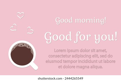 Taza de café y texto blanco sobre fondo rosa. Tarjeta, Anuncio, una ilustración. Aislado. Estilo plano, Ilustración vectorial.