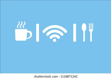 A cup of coffee, WiFi signal , fork and spoon symbol
