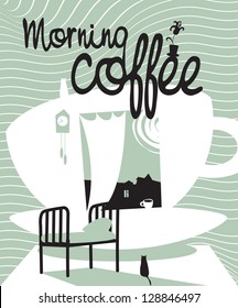 cup of coffee with a window, bed and cat