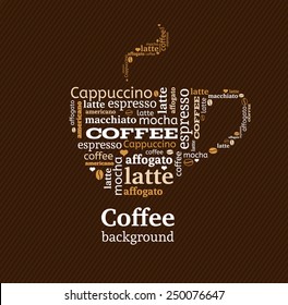 Cup of coffee with word cloud on fabric background