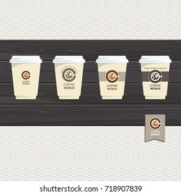 Cup of coffee, Coffee World, world map coffee foam, corporate identity, on wooden background, illustration, vector 