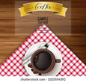 Cup of coffee with yellow ribbon and coffee beans on brown wooden background