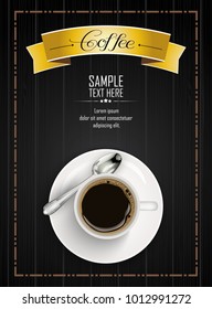 Cup of coffee with yellow ribbon and spoon on dark wooden background