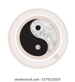 Cup of coffee with ying and yang symbol inside. Logo. Concept of balance and harmony. Morning meditation.