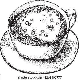 Cup of coffee.Isolated on white background. Hand drawn illustration.Linear graphic.Engraved stile.Coffee cup vintage sketch.Fast food illustration.Vector cafe or bakery design. 