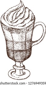 Cup of coffee.Isolated on white background. Hand drawn illustration.Linear graphic.Engraved stile.Coffee cup vintage sketch.Fast food illustration.Vector cafe or bakery design.