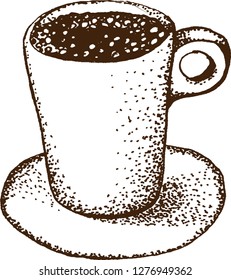 Cup of coffee.Isolated on white background. Hand drawn illustration.Linear graphic.Engraved stile.Coffee cup vintage sketch.Fast food illustration.Vector cafe or bakery design.