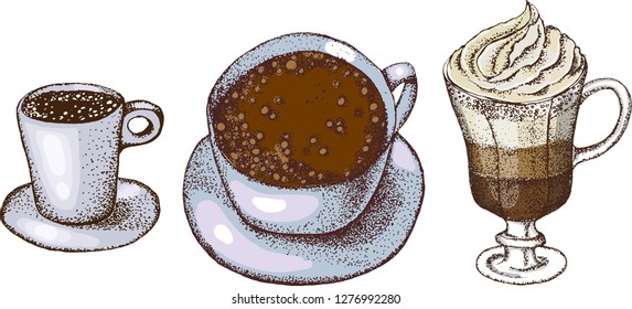 Cup of coffee.Isolated on white background. Hand drawn illustration.Linear graphic.Engraved stile.Coffee cup vintage sketch.Fast food illustration.Vector cafe or bakery design.