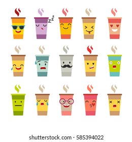 Cup of coffee/tea vector set. Cartoon cute mug with face emoticons. Coffee cup logo funny stickers, flat cartoon style