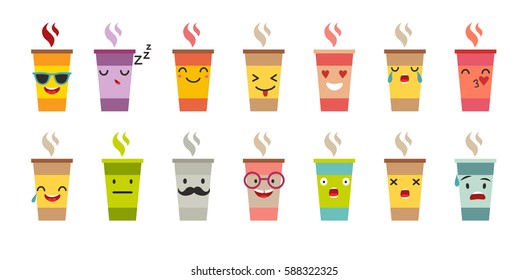 Cup of coffee/tea vector set. Cartoon cute mug with face emoticons. Coffee cup logo funny stickers, flat cartoon style