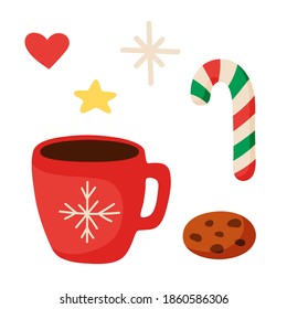 Cup, cokie, sweet. Hand drawn Christmas set. Merry Christmas and New Year typography. For holidays greeting card, invitation, poster and templates. Vector illustration.