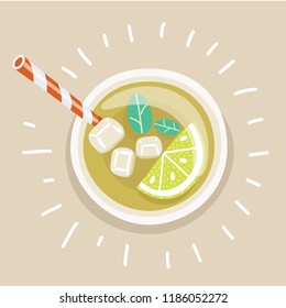 Cup of cold iced lemon tea with straw. Fresh beverage with sliced lime wedge. Vector cartoon illustration in modern concept