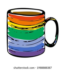 A cup colored of rainbow , vector, stylized hand drawing, isolated line on white background. Element for your design menu, cafe, restaurant, kitchen, fabric.