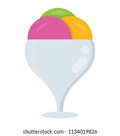 
A cup containing three scoops of strawberry, vanilla and peanut ice cream
