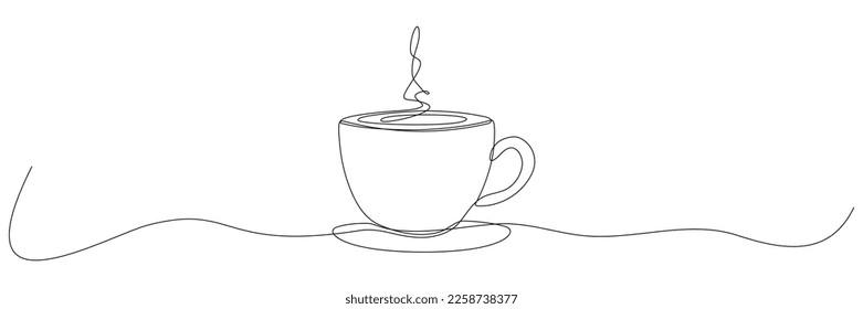 Cup continuous line art. Coffee or tea cup one line drawing. Hot drink with steam. Vector isolated on white.