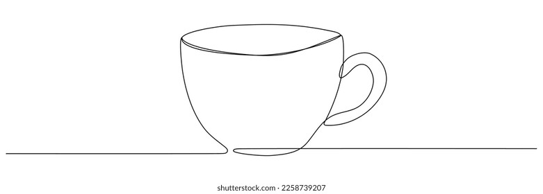 Cup continuous line art. Coffee or tea cup one line drawing. Vector isolated on white.