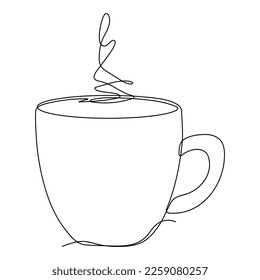 Cup continuous line art. Coffee or tea cup one line drawing. Warm drink with steam. Vector isolated on white.