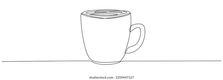 Cup continuous line art. Coffee or tea cup one line drawing. Hot drink with steam. Vector isolated on white
