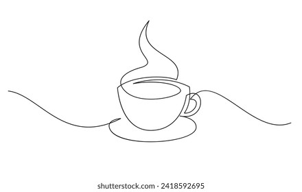 Cup continuous line art. Coffee or tea cup one line drawing. Hot drink with steam