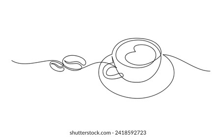 Cup continuous line art. Coffee or tea cup one line drawing. Hot drink with steam