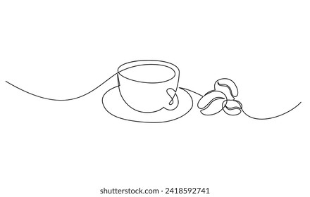 Cup continuous line art. Coffee or tea cup one line drawing. Hot drink with steam