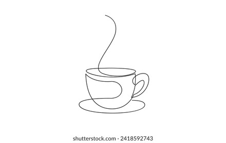 Cup continuous line art. Coffee or tea cup one line drawing. Hot drink with steam