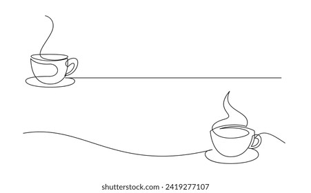 Cup continuous line art. Coffee or tea cup one line drawing. Hot drink with steam