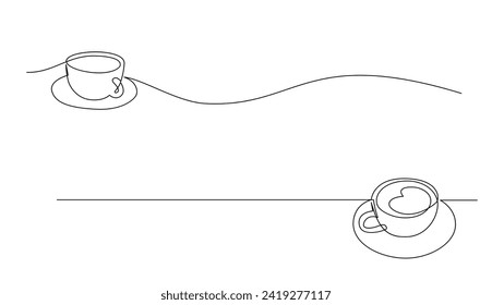 Cup continuous line art. Coffee or tea cup one line drawing. Hot drink with steam