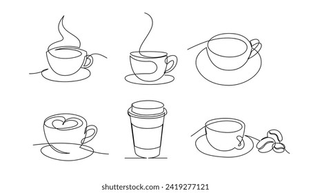 Cup continuous line art. Coffee or tea cup one line drawing. Hot drink with steam