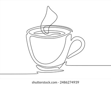 Cup continuous line art. Coffee or tea cup one line drawing. Hot drink with steam. Vector isolated on white.