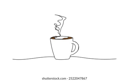Cup continuous line art. Coffee or tea cup one line drawing. Hot drink with steam. Abstract  design, minimal element for print, banner, card, brochure, product logo, menu.   Hand made vector not AI.