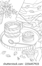 Cup with cookies on a tray. Vector antistress coloring book.