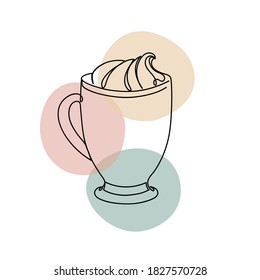 Taza con una crema de un estilo lineal dibujado a mano con coloridas manchas abstractas. Aislado en blanco.